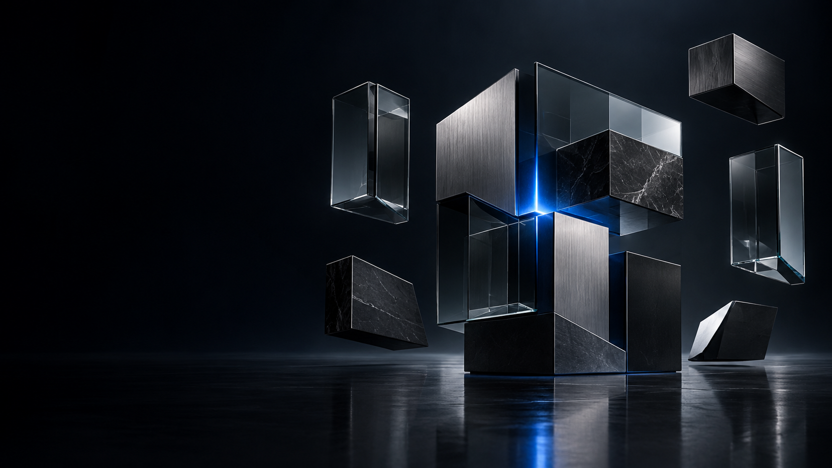 Dark precision-built glass and metal forms with a blue active core